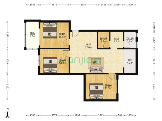 雅水居 3室1厅1卫 93平方
