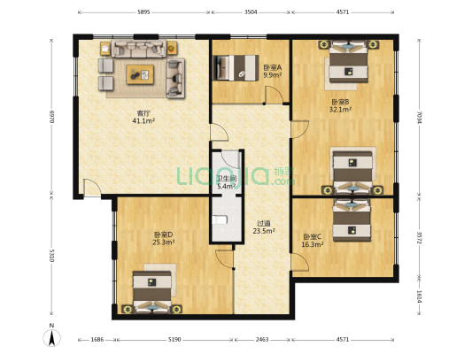 天龙国际大厦 4室1厅1卫 130平方