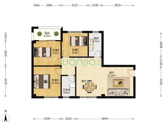 东浦花园 3室1厅1卫 95平方