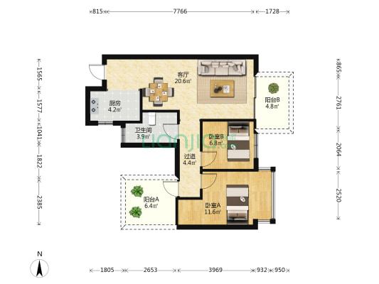金地美域国际 2室1厅1卫 71平方