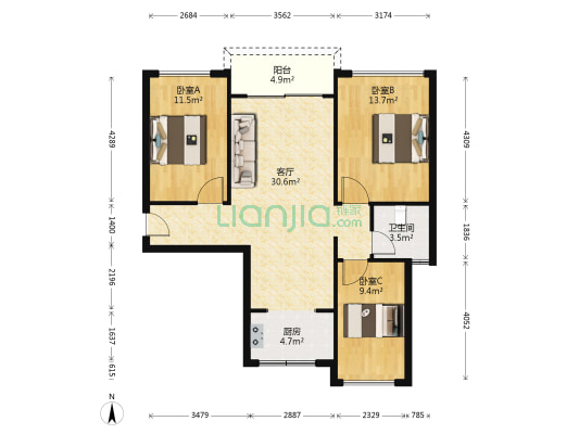 诗林廊桥苑 3室1厅1卫 94平方
