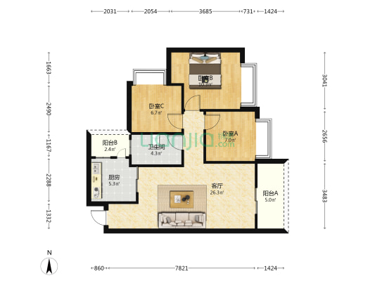 恒大文化旅游城18组团 3室1厅1卫 90平方