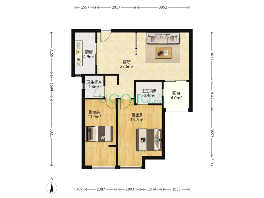 汉桥城中花园A区 2室1厅2卫 88平方