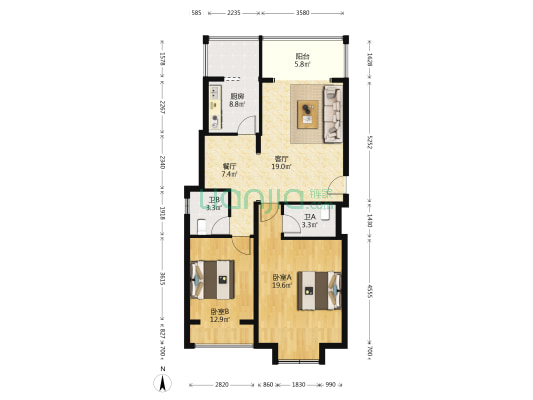 光明街29号 2室2厅2卫 91平方