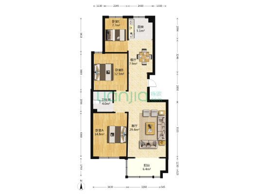 东昊上河园 3室2厅1卫 114平方