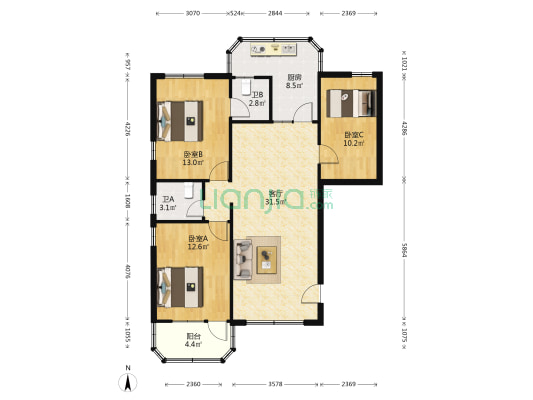 高基街升平广场商住楼 3室1厅2卫 115平方