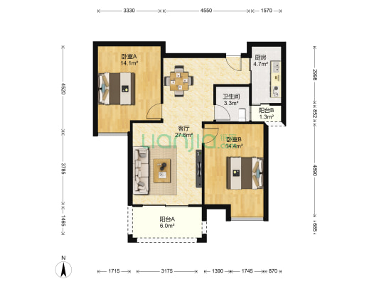 黄陂广场观府国际 2室1厅1卫 88平方