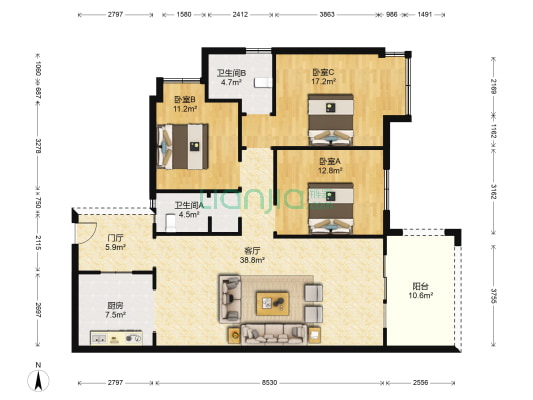 北滨1号 3室1厅2卫 128平方