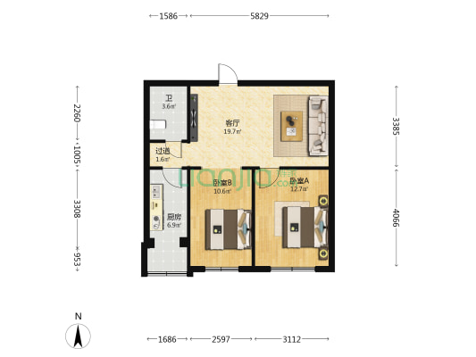 开发公司宿舍 2室1厅1卫 68平方