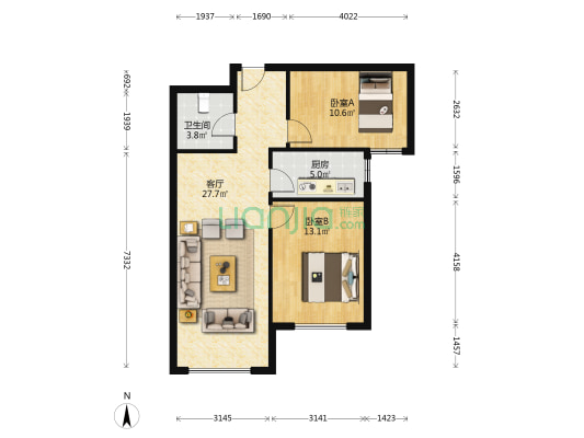 精装修 2居 中层 自住装修 朝南大2居 满二-户型图