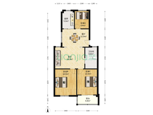 贤良巷1-9号小区 3室2厅1卫 91平方