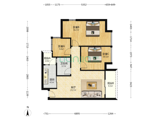 丽都锦里 3室1厅1卫 87平方