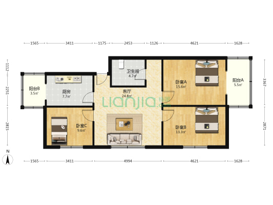 鸿港小区 3室1厅1卫 105平方