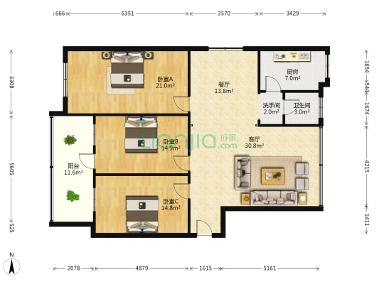 岳密小区 3室2厅2卫 124平方