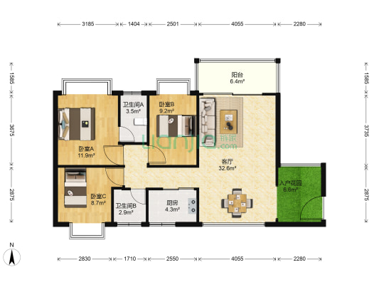 枫丹白鹭园 3室1厅2卫 108平方
