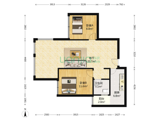 邦泰华府公馆 2室1厅1卫 71平方