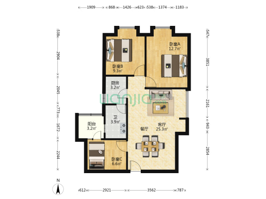 广钢33层 3室1厅1卫 92平方