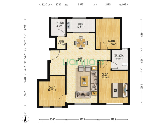 融创臻园二期 3室1厅2卫 119平方