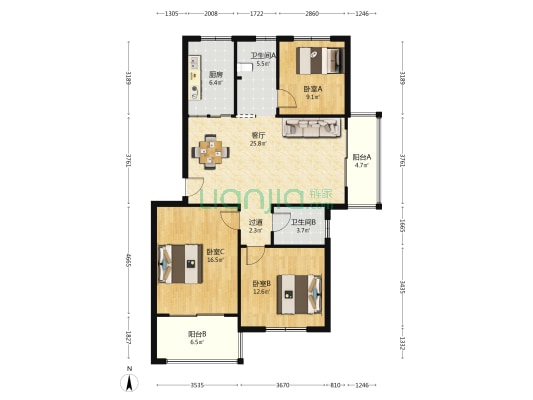 君悦华庭东区 3室1厅2卫 107平方