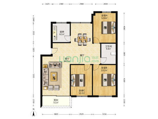 易发大厦 3室1厅1卫 117平方