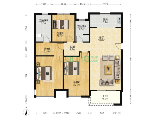 绿地花语城清风苑 3室1厅2卫 133平方