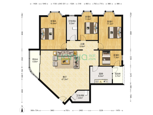 长信世纪花园 4室1厅2卫 161平方