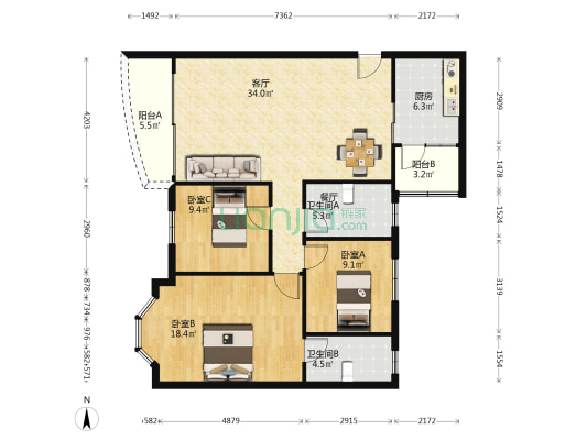 俊雅豪庭 3室1厅2卫 112平方