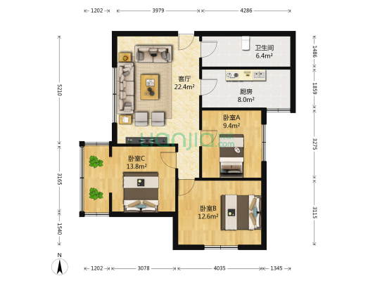 小三峡家属院 3室1厅1卫 87平方