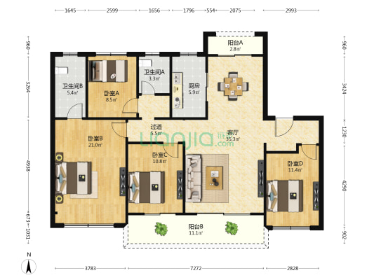 湖畔春晓 4室1厅2卫 144平方