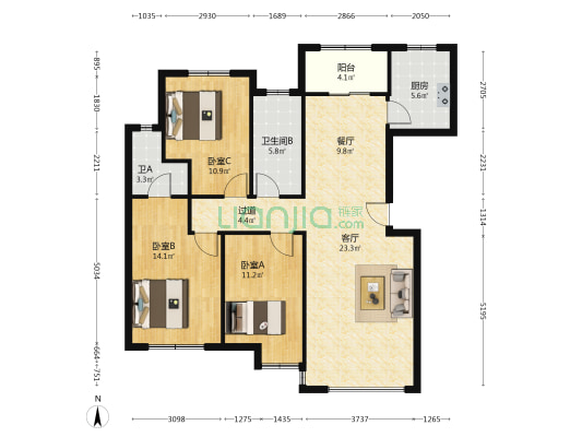 香檀汇海居 3室2厅2卫 119平方