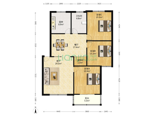 园田路18号院 3室2厅1卫 143平方