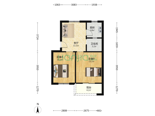 化原宿舍 2室1厅1卫 59平方