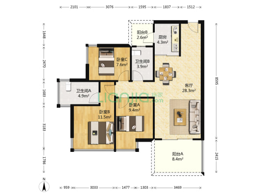 龙光玖珑湖二期 3室1厅2卫 89平方
