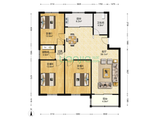 金穗月亮湾 3室1厅1卫 121平方