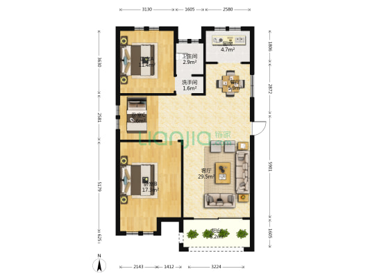翰林华府 3室2厅2卫 106平方