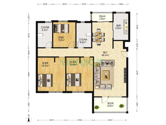 蔚蓝群岛二期 3室1厅2卫 132平方