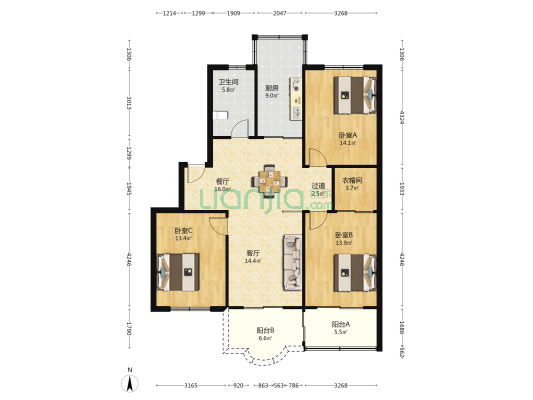 瑞丰花园南区 3室2厅1卫 119平方