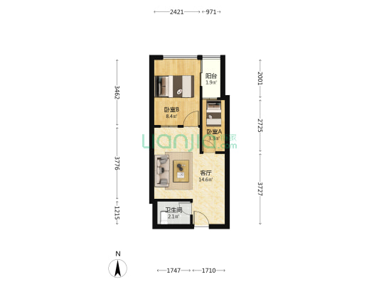 蓝天丽城 2室1厅1卫 45平方