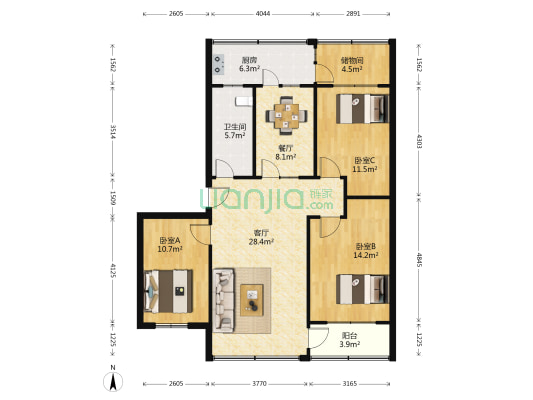 海运宿舍 3室2厅1卫 109平方