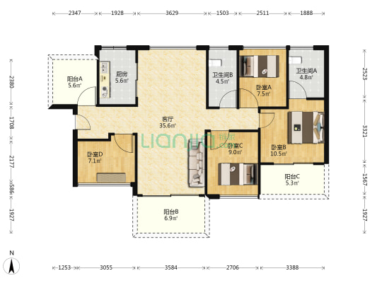 七里香堤花园 4室1厅2卫 113平方
