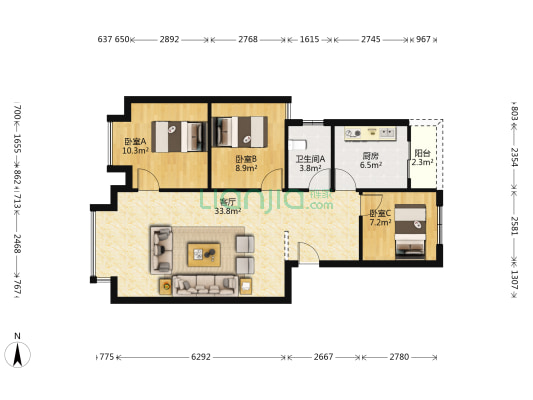 璧青北路161号 3室1厅1卫 90平方