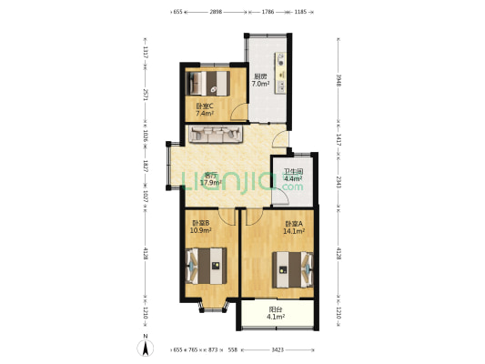 编钟公寓 3室1厅1卫 80平方