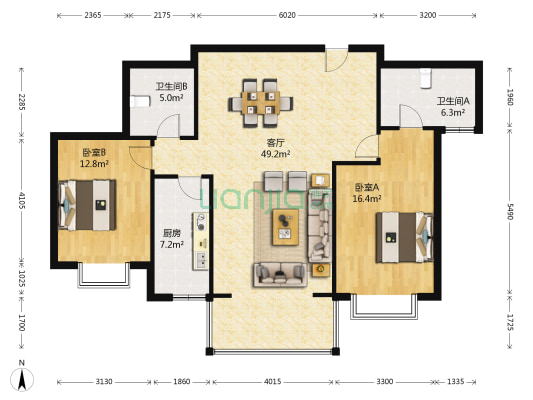 至诚枫叶国际 2室1厅2卫 131平方