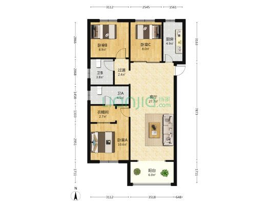 豫中桂园三期 3室1厅2卫 114平方
