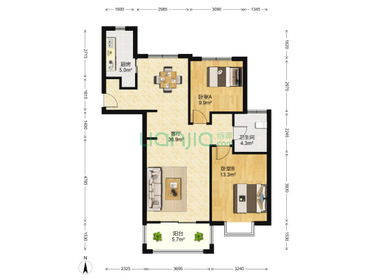 锦秋花园(别墅) 2室1厅1卫 92平方