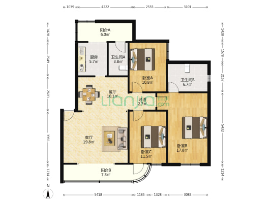 省建行宿舍（国贸） 3室2厅2卫 105平方