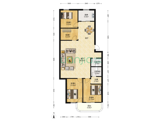 大华公寓 4室1厅2卫 124平方