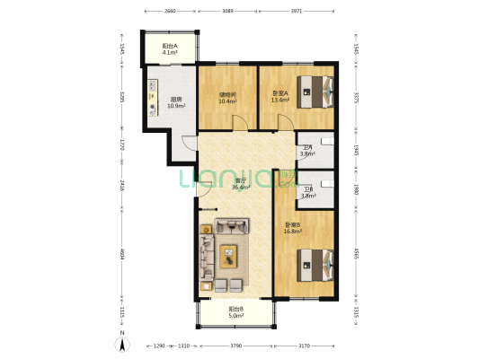 泰丰家园 2室1厅2卫 136平方