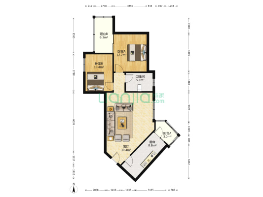 高层小区 2室1厅1卫 97平方
