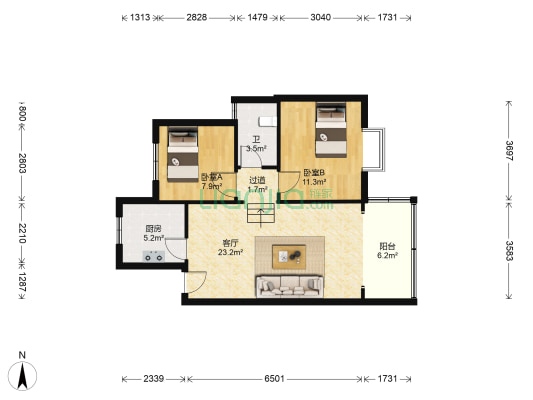 海德双凤康桥 2室1厅1卫 77平方